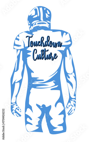 Stylized football player silhouette in sky blue and navy  with Touchdown Culture text. Bold design for team branding, fan apparel, posters, social media, and sports marketing campaigns