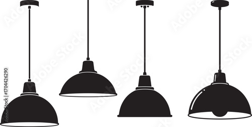 Collection of four black pendant light fixtures in silhouette style