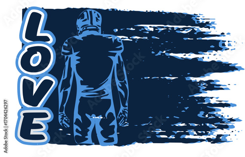 Stylized football image with Sky blue and navy  player silhouette, vertical LOVE text and dynamic brushstroke background. Bold design for sports branding, fan gear and creative projects