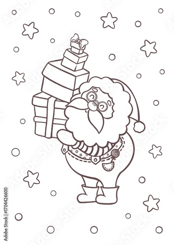Santa Claus coloring page, cute Christmas Santa with gift boxes, holiday cartoon line art, festive winter outline illustration for kids coloring book
