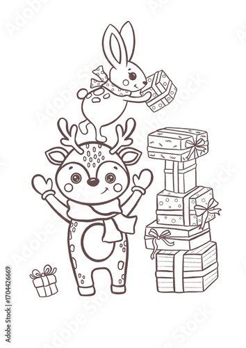 Christmas reindeer coloring page, cute reindeer with scarf and bunny carrying gift, festive holiday cartoon line art, black and white outline drawing with stack of presents for kids coloring book