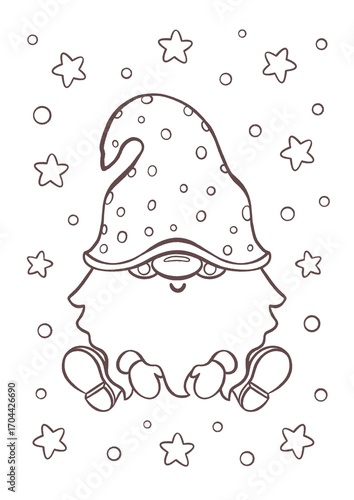 Cute Christmas gnome coloring page, winter dwarf in hat, holiday elf outline line art, cartoon illustration with stars and snowflakes
