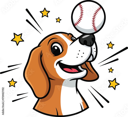 Vector art of happy beagle dog balancing a baseball on its nose