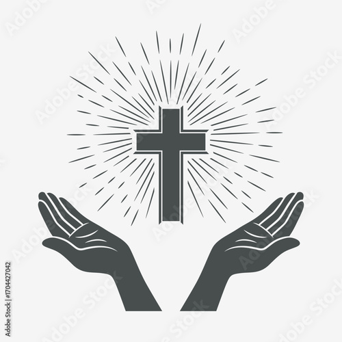 Black and White Open Hands with Cross and Divine Light, Symbol of Faith and Prayer. Design Template for Church Logo. Prayer, Religion Concept Monochrome Cut Out Silhouette Icon. Vector Illustration
