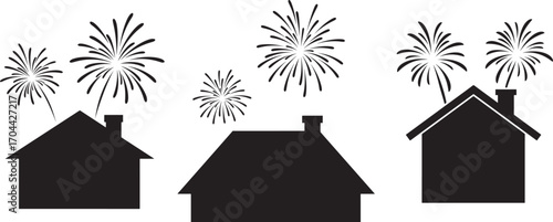 Three house silhouettes with fireworks exploding above them silhouette