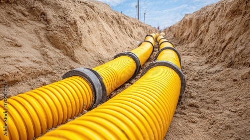 Ultra quality image of underground cable conduit installation with flexible corrugated tubing running through a yellow pipe, set in a sandy trench. Modern infrastructure and.