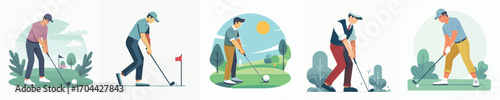 man playing golf in simple and minimalist flat design vector style