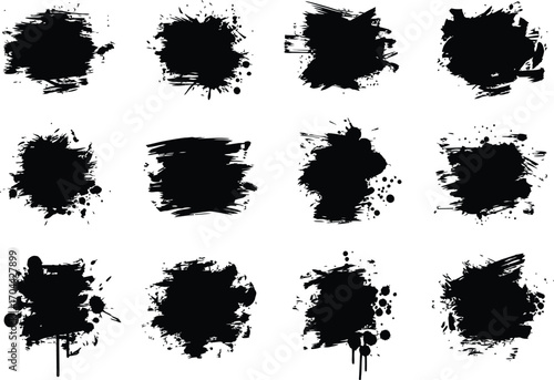 Vector art of set of 12 black ink splatter brush strokes