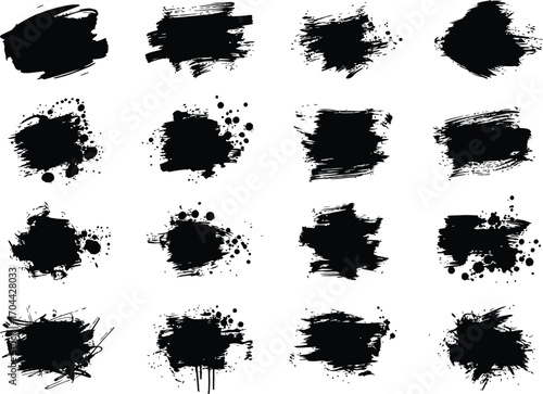 Vector art of collection of 16 black ink splatter brush strokes
