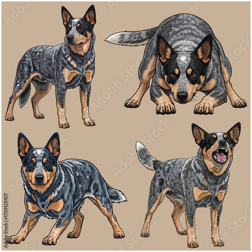 Australian Cattle Dog multiple poses set vector illustration