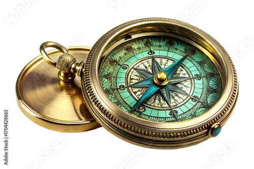 Elegant vintage brass pocket compass with an ornate turquoise face and a detailed compass rose, isolated on a white background for navigation and exploration concepts
