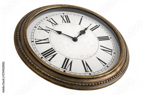 Elegant Vintage Round Wall Clock with Roman Numerals and Ornate Gold Frame Isolated on White Background