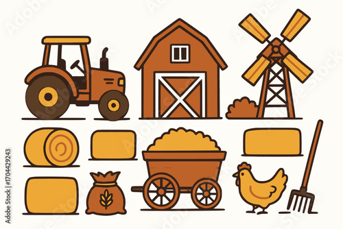 Cartoon farm vector illustration with tractor, hay bales, barn, windmill, chicken, and tools