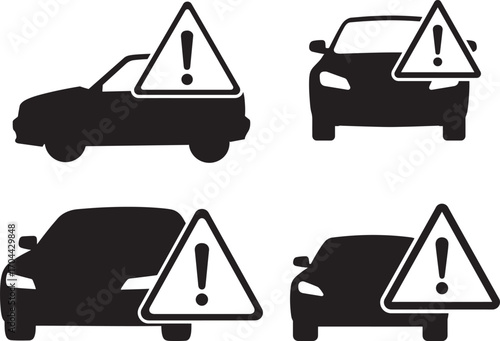 Four different car silhouettes with warning exclamation mark signs silhouette