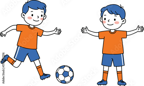 Cartoon children playing soccer outdoors, blue hair kids kicking ball, teamwork, sports activity, fun game, colorful illustration for education