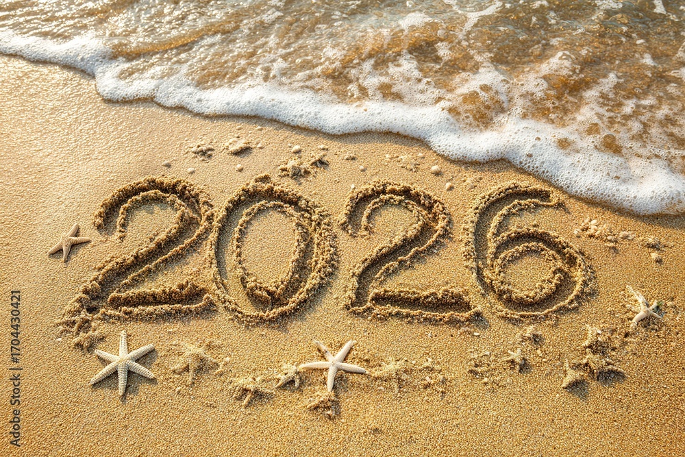 Fototapeta premium New Year 2026 celebration marked in sand on a beach with seashells during sunny day