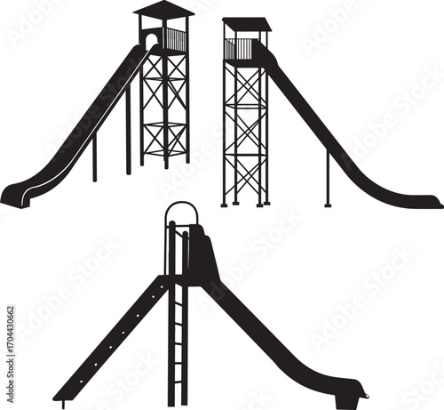Collection of three playground water slides in silhouette style