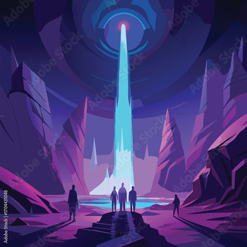 Explorers in a Futuristic Alien Cavern with Light Beam
