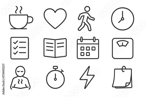 Daily Care Icons. Line style icons of daily care setup: coffee cup, heart icon, walking, clock; checklist, planner, calendar,