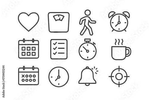 Wellness Icons. Line style icons of wellness tracking: heart, scales, walking, alarm; calendar, checklist, timer, coffee mug;