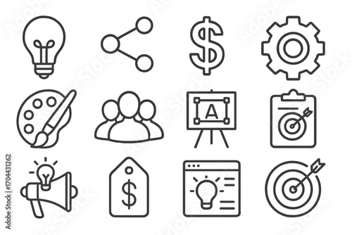 Creative Process Icons. Line style icons of modern creative process: light bulb, share icon, dollar sign, gear; palette,