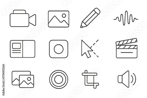 Digital Content Icon Set. Line style icons of digital content creation: video camera, image icon, pencil, audio wave; screen
