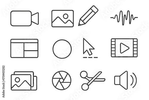 Digital Content Icon Set. Line style icons of digital content creation: video camera, image icon, pencil, audio wave; screen