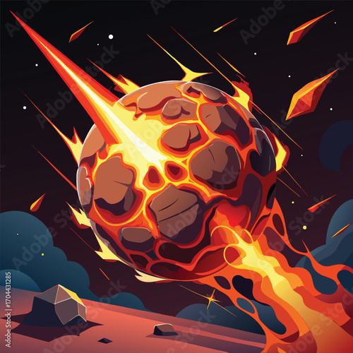 Fiery asteroid entering atmosphere with glowing tail