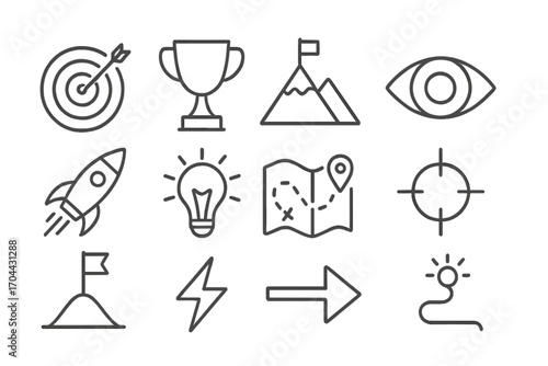 Achievement Icons Collection. Line style icons of achievement and purpose: goal target, trophy, mountain peak, vision eye; rocket,
