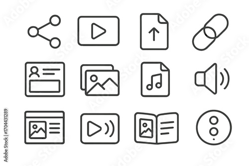 Multimedia Sharing Icons. Line style icons of multimedia sharing: share icon, play video, file transfer, link icon; gallery post,