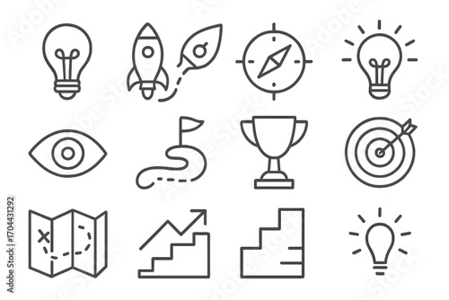 Innovative Journey Icons. Line style icons of innovative journey: light bulb, rocket, compass, idea spark; vision eye, goal path,