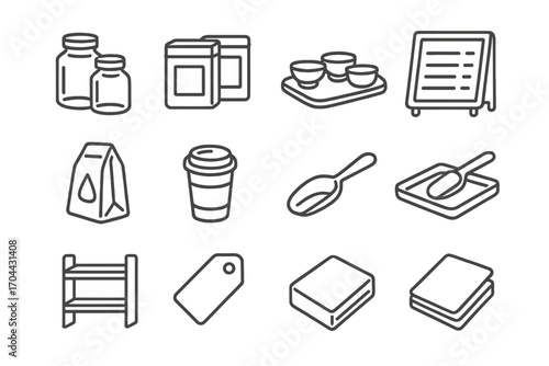 Tea Shop Essentials Icons. Line style icons of tea shop items: glass jars, labeled tea tins, tasting cups, display tray; menu