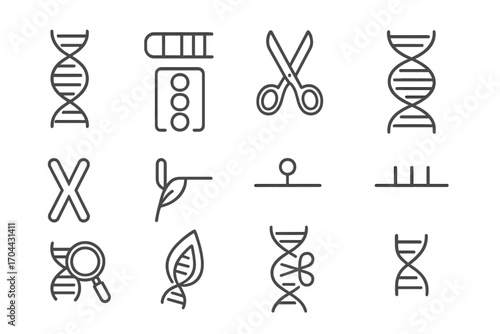 Molecular Biology Icons. Line style icons of molecular biology: DNA strand, RNA sequence, gene editing scissors, double helix;