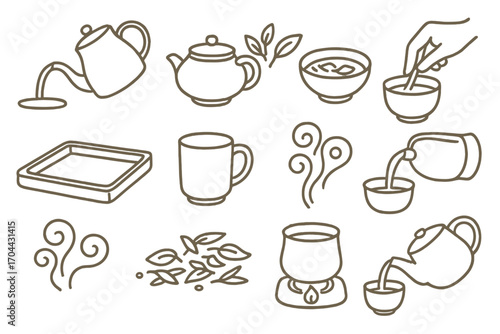Artisan Tea Icons. Line style icons of artisan tea preparation: hand-poured kettle, clay pot, leaf blend bowl, stirring hand;