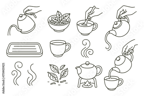 Artisan Tea Icons. Line style icons of artisan tea preparation: hand-poured kettle, clay pot, leaf blend bowl, stirring hand;
