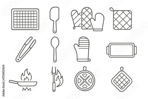 Heat-Safe Kitchen Tools. Line style icons of heat-safe kitchen tools: silicone mat, heat-resistant spatula, oven mitts, pot holder