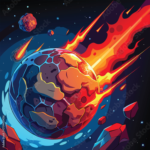Fiery Asteroid Storm Impacting a Blue and Red Planet
