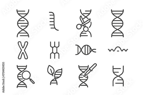 Molecular Biology Icons. Line style icons of molecular biology: DNA strand, RNA sequence, gene editing scissors, double helix;