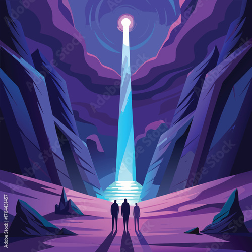 Figures in a surreal alien cave with light beam landscape