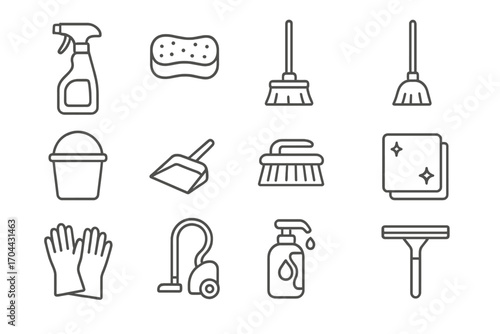 Cleaning Supplies Icons. Line style icons of basic cleaning supplies: spray bottle, sponge, mop, broom; bucket, dustpan, scrub