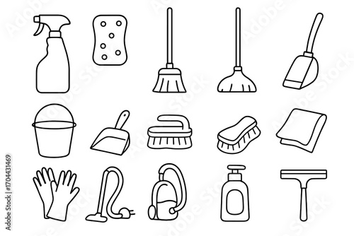 Cleaning Supplies Icons. Line style icons of basic cleaning supplies: spray bottle, sponge, mop, broom; bucket, dustpan, scrub