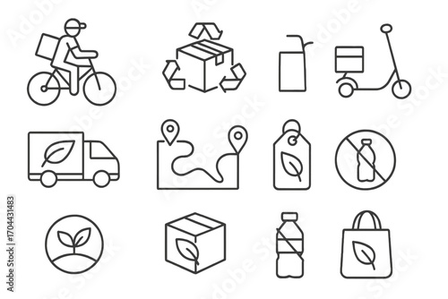 Eco Delivery Icons. Line style icons of eco delivery options: bicycle delivery, recycled box, electric scooter, paper packaging;
