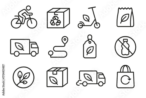 Eco Delivery Icons. Line style icons of eco delivery options: bicycle delivery, recycled box, electric scooter, paper packaging;