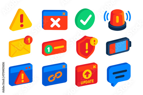 Vibrant Alert Icons. Isometric vector illustration set Alert notifications: warning triangle icon, error popup window, success