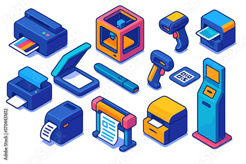 Colorful Printer Icons. Isometric vector illustration set Printing and scanning: inkjet printer, laser printer, 3D printer,