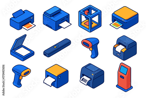 Colorful Printer Icons. Isometric vector illustration set Printing and scanning: inkjet printer, laser printer, 3D printer,
