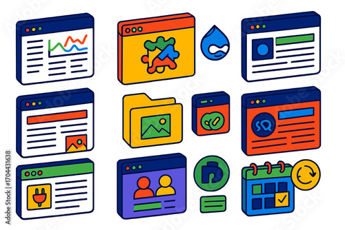 CMS Dashboard Icons. Isometric vector illustration set CMS management: WordPress dashboard screen, Joomla interface, Drupal admin