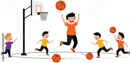 Children playing basketball, energetic movement, sports activity, teamwork illustration, outdoor court, fun exercise, youth fitness, colorful scene, dynamic action, cartoon style