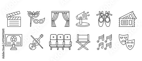 Vector line icons of theatre elements including clapperboard, masks, curtains, spotlight, ballet shoes, stage, violin, director chair, music notes and performance symbols.