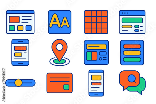 Vivid UI Design Elements. Isometric vector illustration set UI/UX design: wireframe layout, color palette board, typography